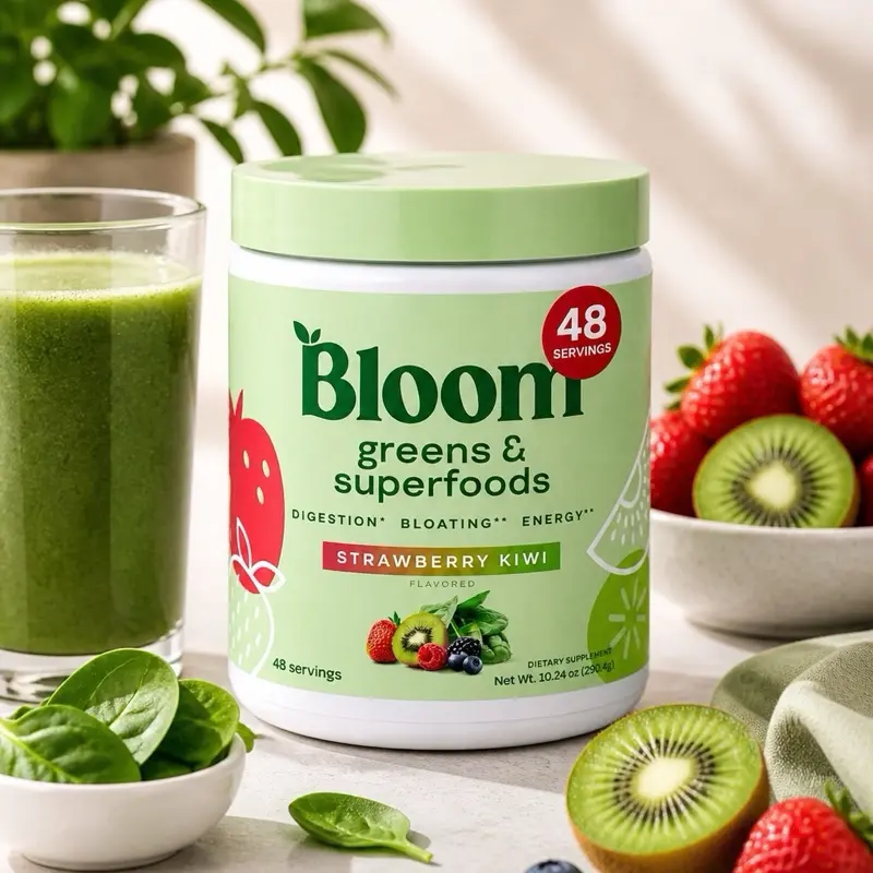 Bloom Nutrition Organic Greens & Superfoods Powder (Organic Fruit Blend), Strawberry Kiwi, 10.24oz, Non-GMO, Allergen-Free (Gluten-Dairy-Soy), Enzyme-Rich, Gut Support, Energy-Boosting, 48-Servings, Sugar-Free Dietary Supplement for Smoothies