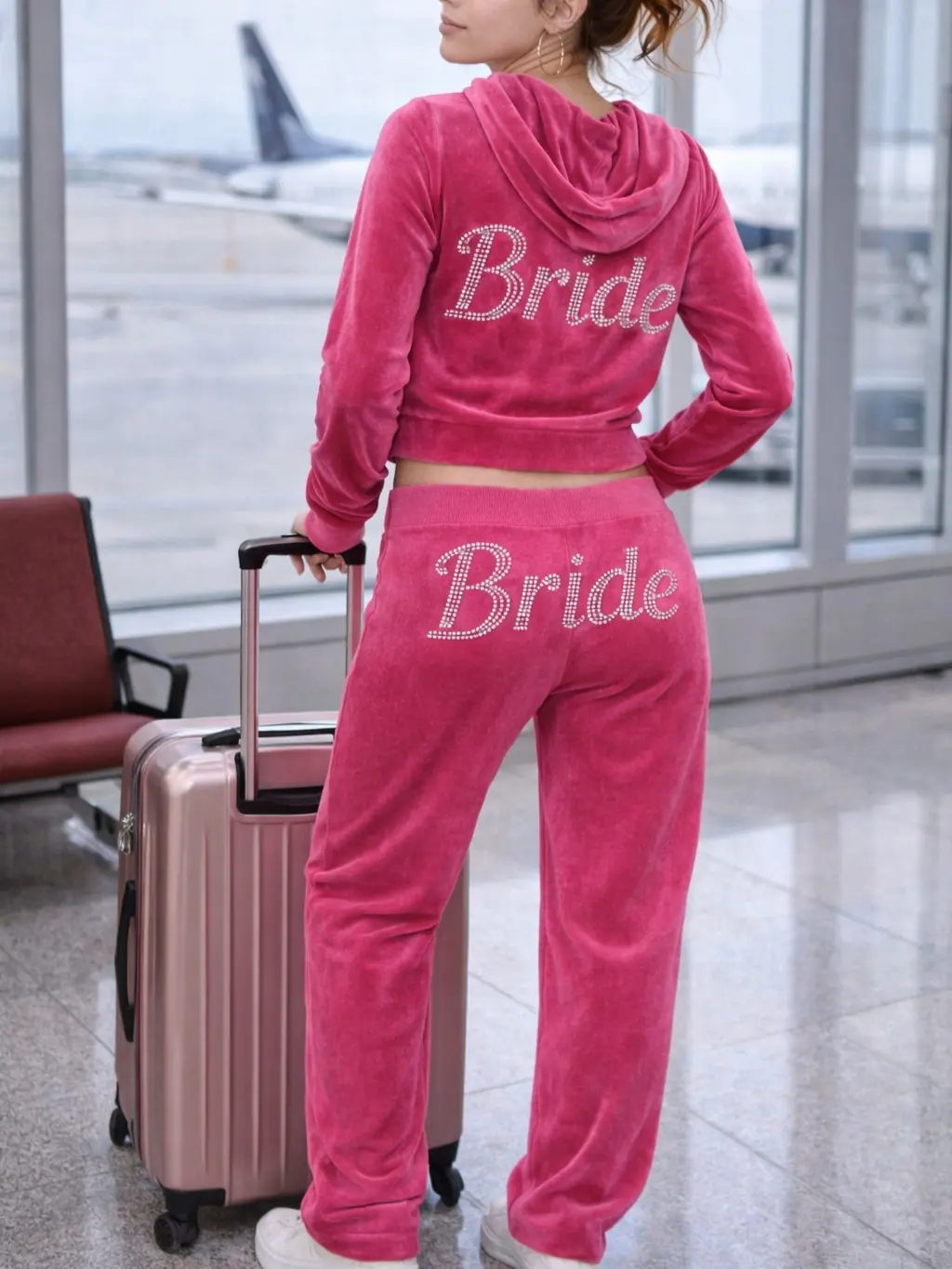 Bride Pink Velour Tracksuit Rhinestone Bridal Set Wedding Honeymoon Airport Outfit
