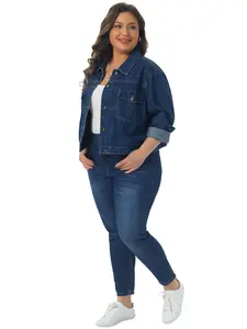 Agnes Orinda Plus Size Denim Jacket for Women Long Sleeve Button Down Western Outfit Jean Jackets with Utility Pockets