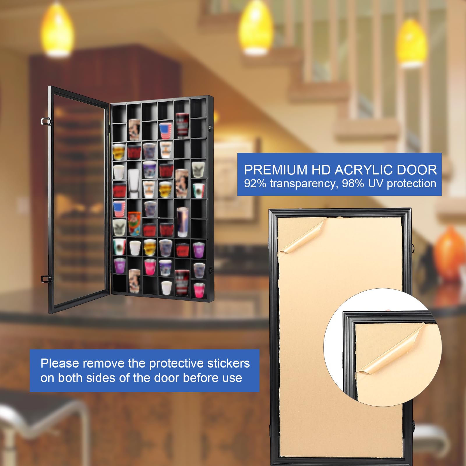 IHEIPYE 52 Shot Glass Display Case Acrylic Glass with Uv Protection-Large IHEIPYE Shot Glass Collection Cabinet Rack Holder For Wall, Wooden Shot Glass Display Storage Box Lockable with Removable Gift Shelves-Black Metal Organiser