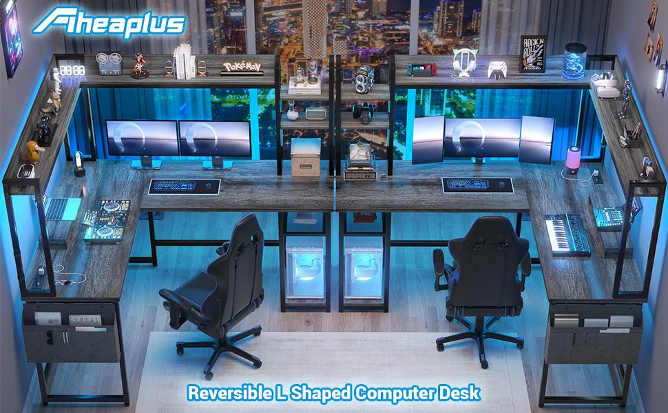 Reversible L-Shaped Computer Desk with Power Outlets & LED Lights, Corner Home Office Gaming Desk with Monitor Stand & Full Hitch Storage Shelves