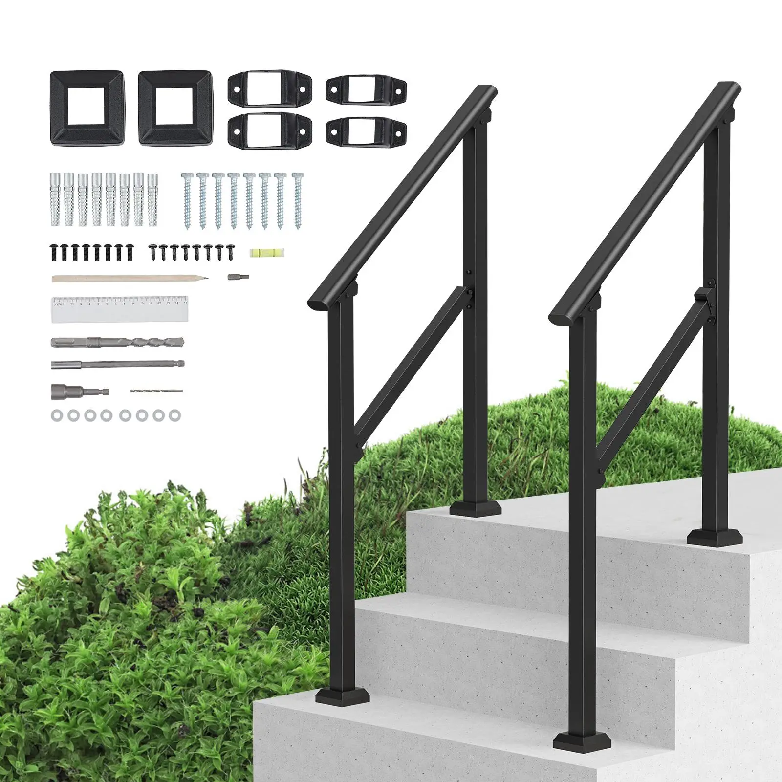 【SummerFinds】VEVOR Handrails for Outdoor Steps,  2 PCS 2-3 Step Stair Hand Rail Kit, Transitional Carbon Steel Railings with Installation Kit, Stair Rails for Seniors, Concrete & Porch & Deck, Black Square Tube