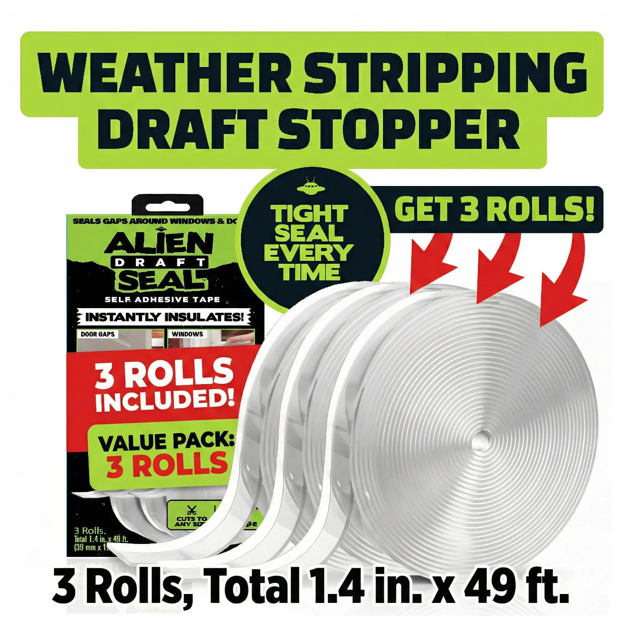 Alien Draft Seal AC + Heat Insulation Tape - Self-Adhesive Silicone Weather Stripping for Door & Window, Under-Door Draft Stopper - Stops Cold Air From Escaping in Summer, Keeps Warm Air Inside in Winter