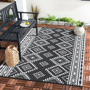 6x9FT Reversible Mats, Plastic Straw Rug, Modern Area Rug, Large Floor Mat for Outdoors, RV, Patio, Backyard, Deck, Picnic, Beach, Trailer, Camping, Porch, Balcony, Bohemia Black & White