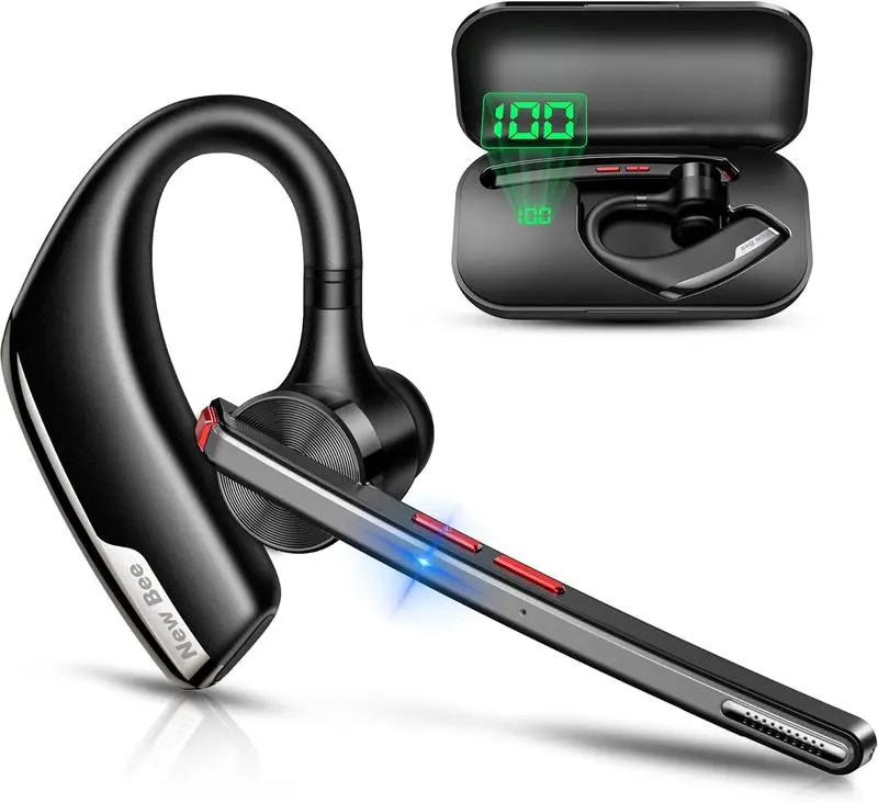 [Upgraded] New Bee M51 Bluetooth 5.2 Wireless Trucker Headset - ENC Noise Cancelling Mic, 80H Runtime w/ 500mAh Case, Dual Connection, Mute Button for Work & Driving