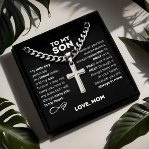 LittleAura S 1pc "to My Son" Stainless Steel Cross Pendant Necklace, Birthday Gift, Valentine's Day Gift, Christmas Gift, with Card and Gift Box Packaging, the Perfect Gift for Loved Ones