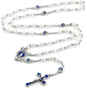 Catholic Pearl Cross Rosary Necklace — 6mm Glass Beads w/Caps, Miraculous Jewelry Box – Religious Gift for Women, Men — Ideal for Baptism, Prayer, Devotion