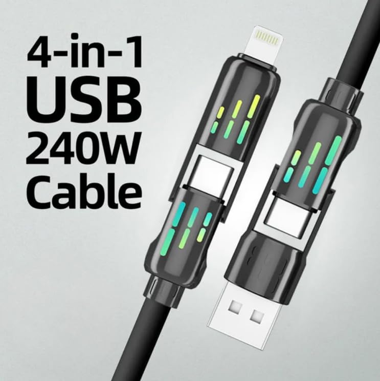 [Buy 1 get 1 free]4-in-1 USB-C Cable, PD Fast Charging, Data Sync, USB-A, Type-C, Lightning, Aluminum, Compatible,Variable lighting