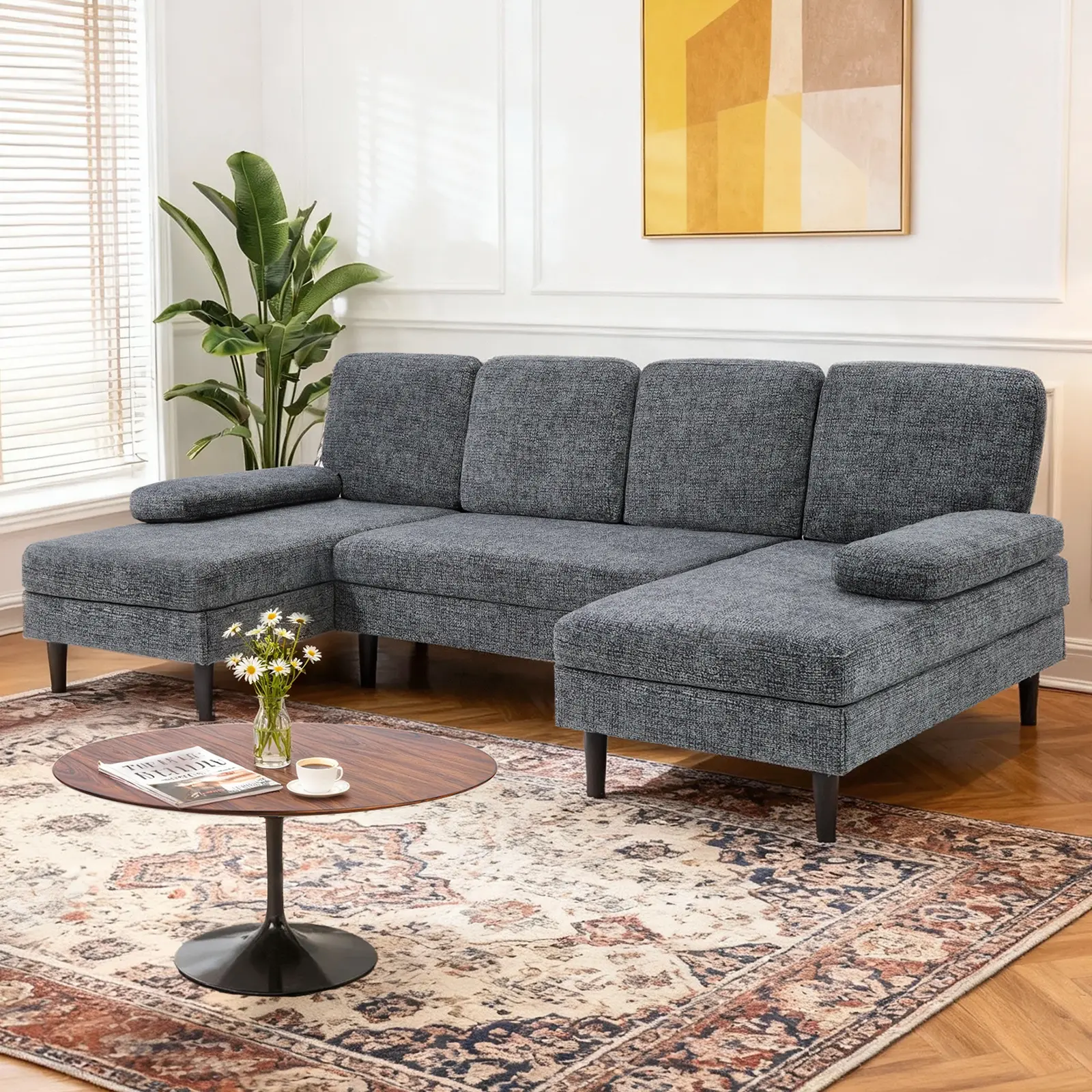 Sweetcrispy 4-Seat Modern Sofas Set - Chenille Fabric Cushions, Shaped Design, Double Chaise, Indoor Living Room Furniture for Lounging, Entertaining, Compact Build, 4-Seat Set