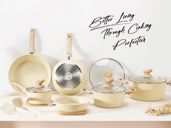 [New Colors] Kitchen Academy 12 Piece Nonstick Pots and Pans Set, Non Stick Induction Cookware Set, Kitchen Cooking Set, Frying Pans Saucepans, Silicone Steel Aluminium Glass Lid Stove