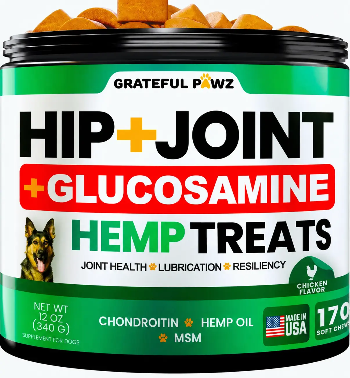 Grateful Pawz Hip & Joint Soft Chews for Dogs | Glucosamine & Chondroitin | Chicken Flavor | 170 Chews