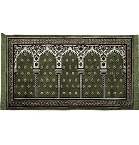Wide 5 Person Masjid Islamic Prayer Rug - Mihrab Green