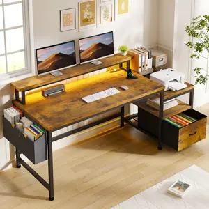 【Office desk Printer Stand】57" Home Office Desk with Printer Stand & Fabric Drawer,Gaming Desk with LED Lights & Monitor Stand,Sturdy Study & Writing Table for Kids with 3 Power Outlets & 2 USB Ports,57"W x 20"D x 36"H,Easy Assemble,Student Desk in home