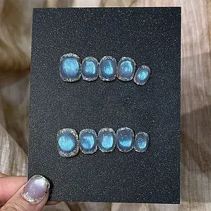 10PCS Nude Pink Sheer Rhinestone French Tip Oval Press On Nails | Luxury Elegant Handmade False Nails | Reusable Sparkly Acrylic Nails