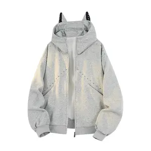 Heavyweight air-layer double-zip hooded sweatshirt jacket; unisex loose-fit casual outerwear; patchwork Doberman ear hoodie; spring loose-fit casual heavyweight couple’s hoodie