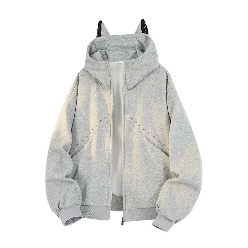 Men's Full Zip Hooded Jacket, Horn Hood Decor Rivet Stitch Front Panels, Ribbed Cuffs & Hem Side Pockets, Cartoon Inspired Casual Long Sleeve Coat for Daily Walking Weekend Gathering