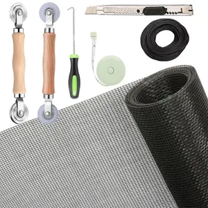 7 Pcs Windows Screen and Screen Door Repair Kit,Charcoal Fiberglass Mesh with Rolling Tool/Hook/Ruler/Cutter/Spline,Window Screen & Sliding Screen Door Replacement for Windows,Hand Tools Kits