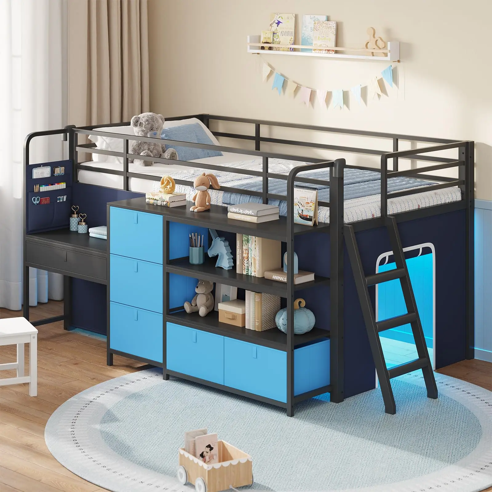 SIKAIC Twin Low Loft Bed Frame with Desk, 6 Storage Drawers, LED Lights, Bookshelf, Play Curtain and Under-Bed Play Space