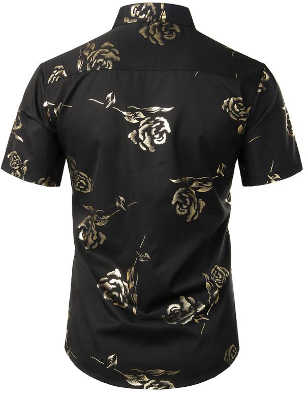 ZEROYAA Mens Hipster Gold Rose Printed Slim Fit Short Sleeve Button Down Dress Shirts