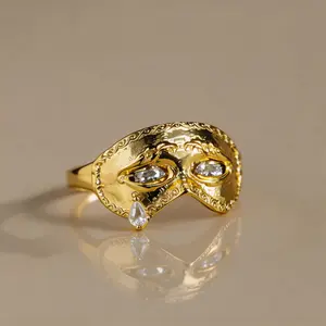 Elegant Fashion Jewelry Statement Multi Ring, Crainte Mask Design with Kinetic Eyelids That Open and Close on Movement, Inset with 3.25mm Precision-Cut Crystals and 3mm Pear-Cut Crystal, Adjustable Size, Elegant Fashion Rings