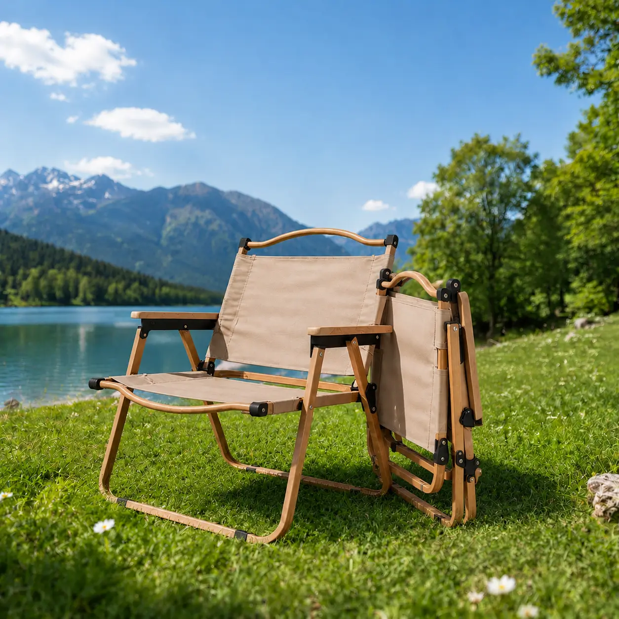 Camping Chair lawn chairs 1-Second Open No-Assembly High Load Capacity Kermit Chair with Solid Wood Armrest, 600D Double-Layer Oxford Fabric Portable