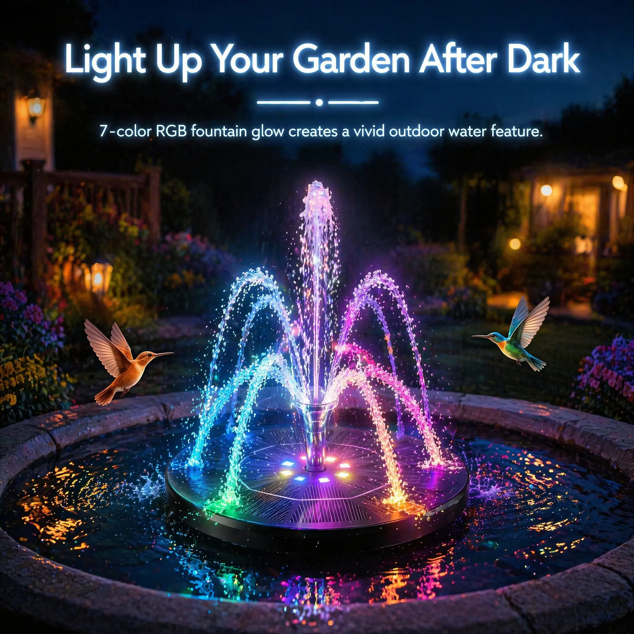 BUCATSTATE 3.5W Solar Fountain,Upgraded 100% Glass Panel Solar Bird Bath Fountain with 2000mAh Battery,7 Color RGB LED Lights & 6 Spray Nozzles,Solar Fountain for Bird Bath,Garden, Pond, Pool, Outdoor Decor