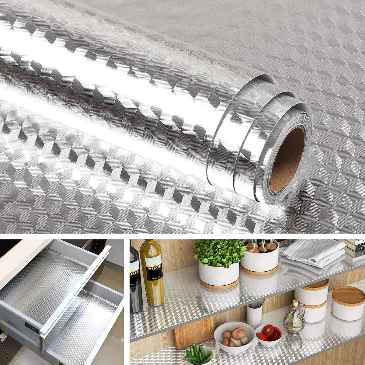 Aluminum Foil Kitchen Wall Paper Peel and Stick, Oilproof Waterproof Contact Paper for Countertop Cabinet, Heat Resistant Self Adhesive Shelf Liner (15.8" x 118" / 40cm x 3m)