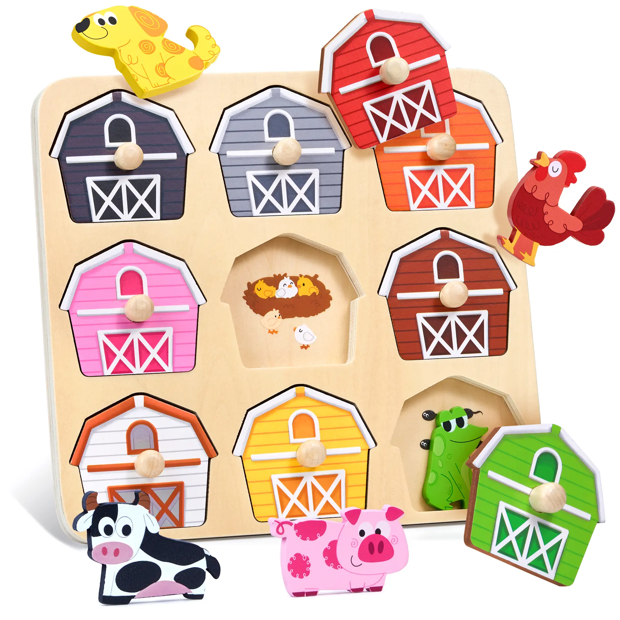 JoyCat Wooden Farm Peg Puzzles for Toddlers, Montessori Animal Match Fun Learning Toys, 1 Target Group Birthday Easter Gifts for Preschool Kids summerwins
