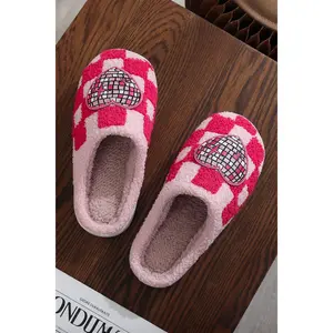 Disco Checkered Heart Plush Winter House Slippers