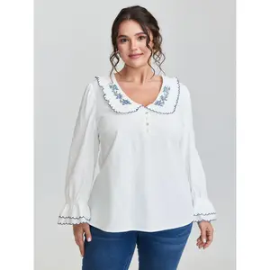 【Summer Turn-Up】【Neck-Lengthening】BlOOMCHIC Plus Size Pure Cotton Embroidered Doll Collar Blouse [M-6X] 2026 Summer Pick for Mother's Day