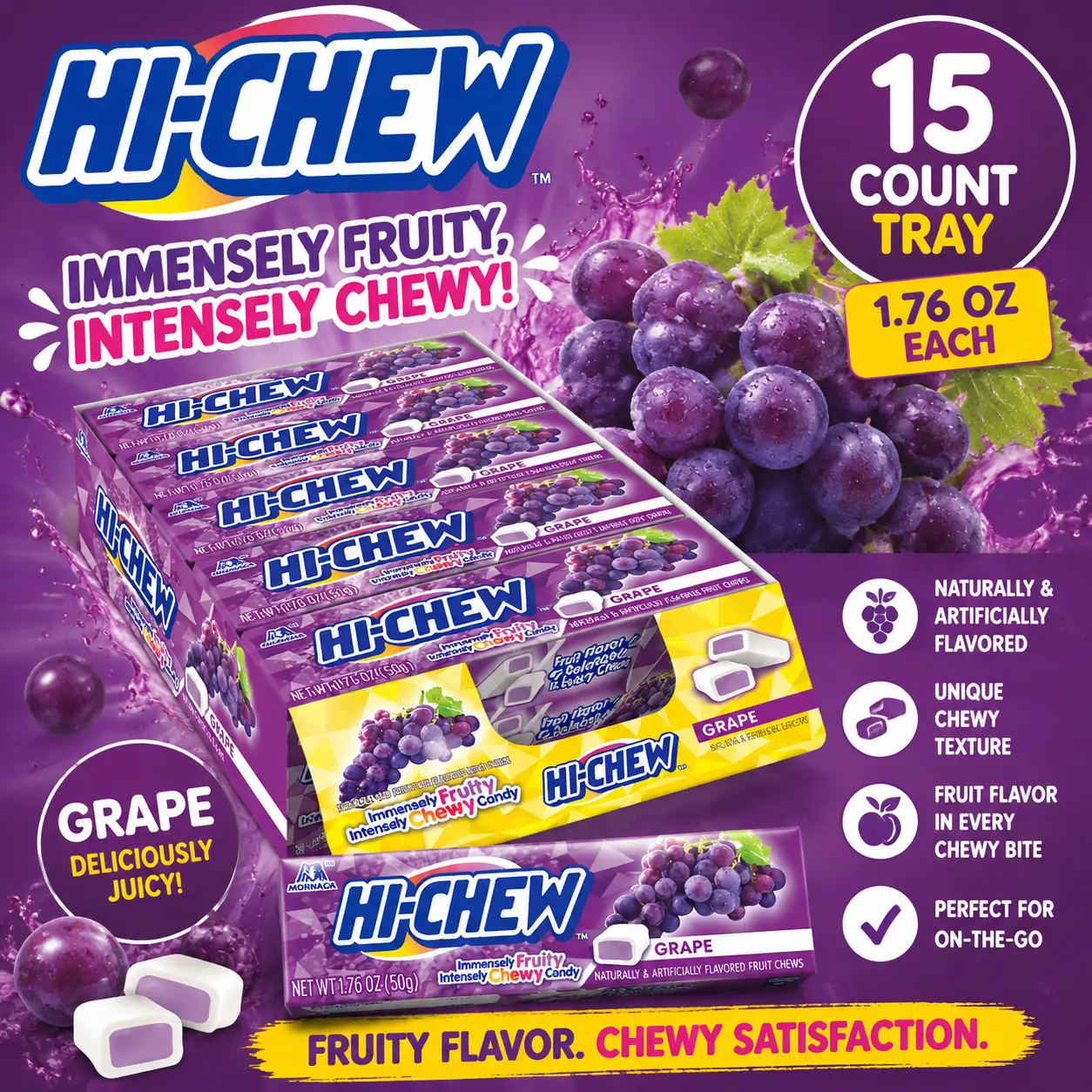 Hi-Chew Grape Fruit Candy 1.76 oz 15 Count  Soft & Chewy Grape Gum Candy | Japanese Candy Favorite for Snacking & Sharing
