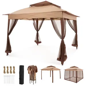 Pop Up Gazebo Canopy 11x11, Mosquito Net Tent with Vented Double Roof, Instant Setup Sun Shelter for Patio Garden Backyard, Portable with Carry Bag, 120 Sq Ft, Beige