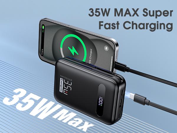 20000mAh 35W Power Bank – Built-in Cables, PD 3.0 & QC 4.0 Fast Charging, 4 Ports, LED Display, TSA-Friendly