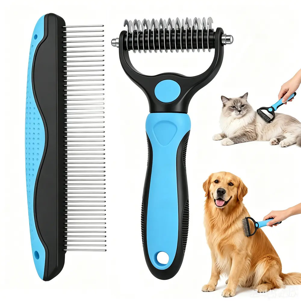 2-Pack Left-Handed Double-Sided Painless Dog & Cat Grooming Tool Set, Poodle Grooming Kit with Dematting Undercoat Rake Metal Comb, Deshedding Groomer Tools for Long Matted Fur Pets