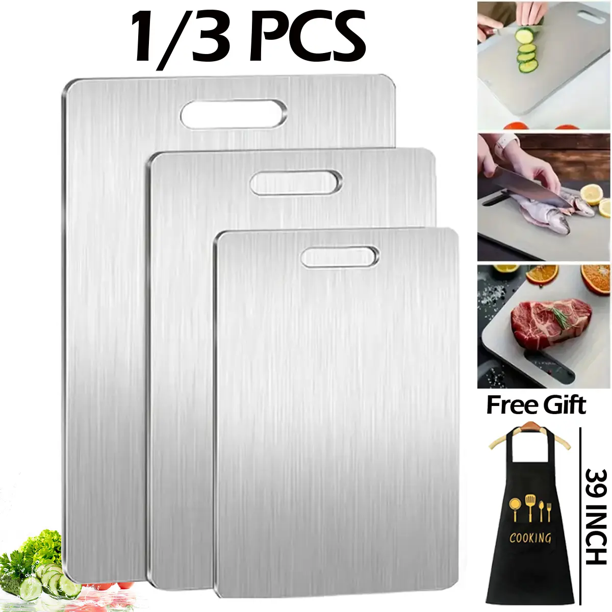Stainless Steel Kitchen Chopping Board Set (1/3 PCS Multi-Size) with Apron, Dual-Sided Household Items for Knives, Chop, Slice, Prep, Knife-Friendly, Rust-Resistant, Easy to Clean, Space-Saving Rectangle, Halloween Gift, Cooking Cutting Board