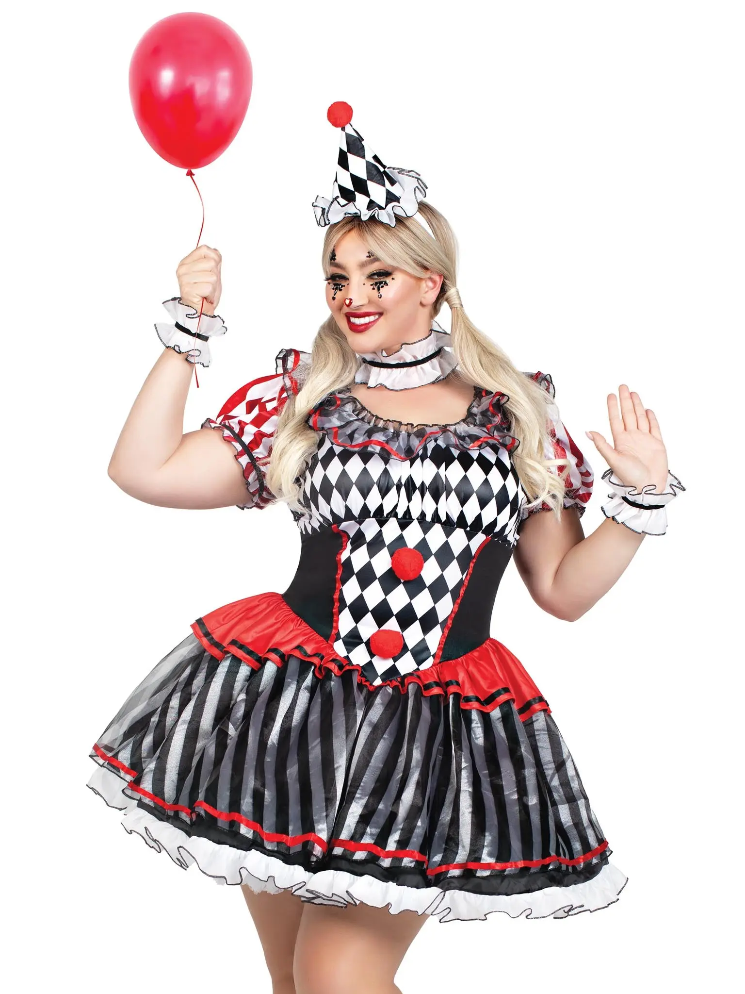 Women's Harlequin Clown Costume for Halloween, 4-Piece Outfit with Ruffle Trim, Pompom Accents, Neck Ruffle and Headband Accessories, Dress, Plus Size Halloween Costume, Halloween Costume Ideas