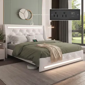 Full/Queen Size Faux Leather Bed Frame with LED Lights & Charging Station, Diamond Headboard Platform Bed, Wooden Slats No Box Spring Needed, Black White