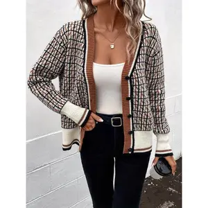 Women's All Over Print Button Front Cardigan, Womenswear Fitted Knitting Tops, Comfort Breathable Casual Drop Shoulder Longsleeves Knitwear for Fall, Cardigan for Women, Preppy 80s ClothesGiftGift