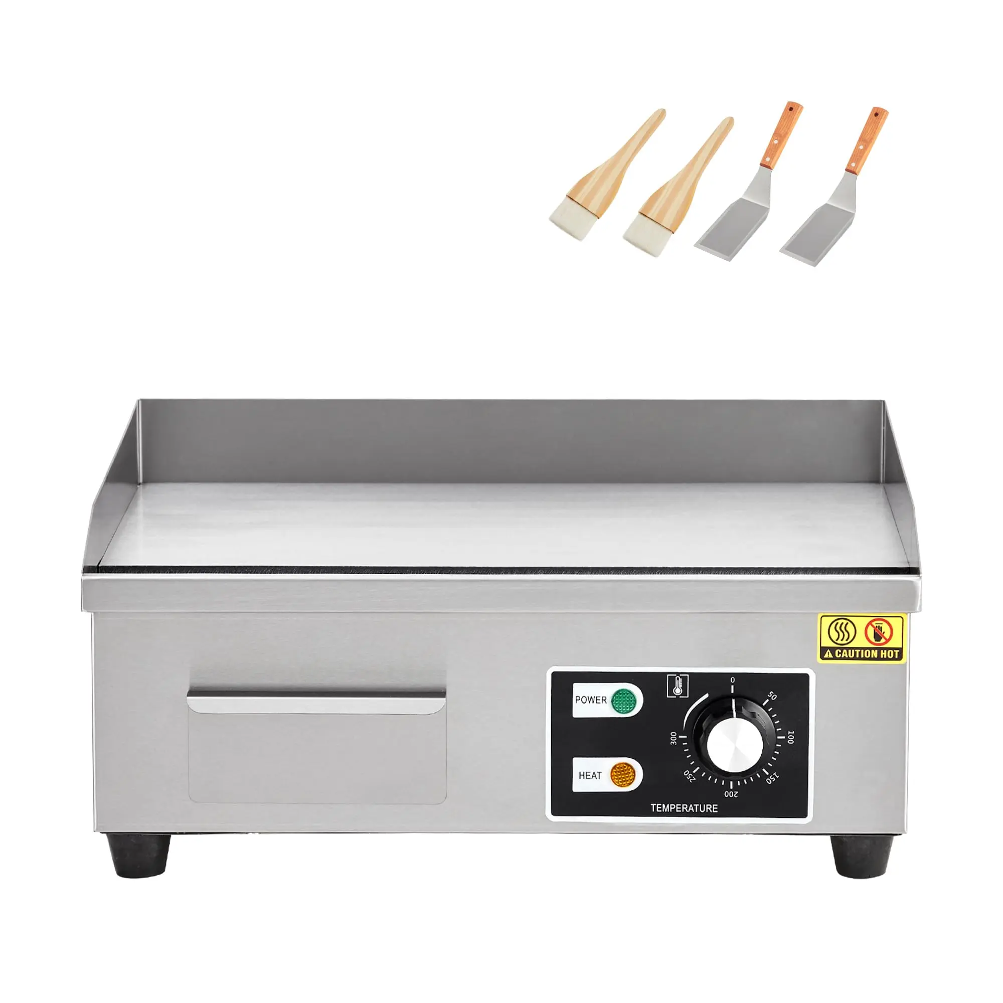 Garvee 18inch Stainless Steel Electric Flat Top Grill - 1600W Non-Stick Teppanyaki Griddle with Adjustable Temperature 122℉-572℉, Includes 2 Shovels & 2 Brushes for Home and Restaurant Use
