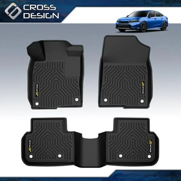 CROSSDESIGN TPE Floor Mats  Fit For Honda Civic Sedan & Hatchback Coupe All Weather 3D Waterpoof-1 Set 3pcs Black , Rubber Car Floor Mats, Waterproof Car Mats