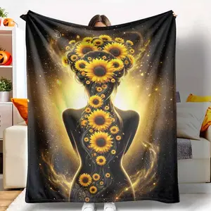 Sunflower Goddess Silhouette Flannel Blanket Golden Floral Art Print Design Soft Warm Lightweight Cozy Throw Perfect for Bedroom Decor Sofa Lounge Meditation Space Yoga Studio and Gift Giving