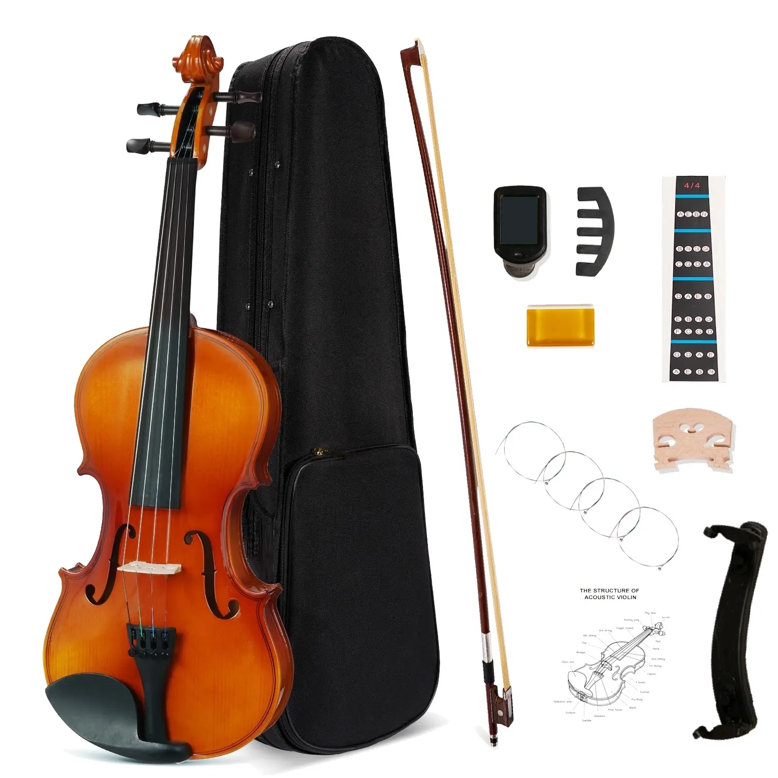 Brand new 4/4 size beginner's violin, suitable for students and enthusiasts. Acoustic violin set (4/4 size) with all accessories such as case, bow, rosin, tuner, mute, violin cloth, shoulder rest, etc.
