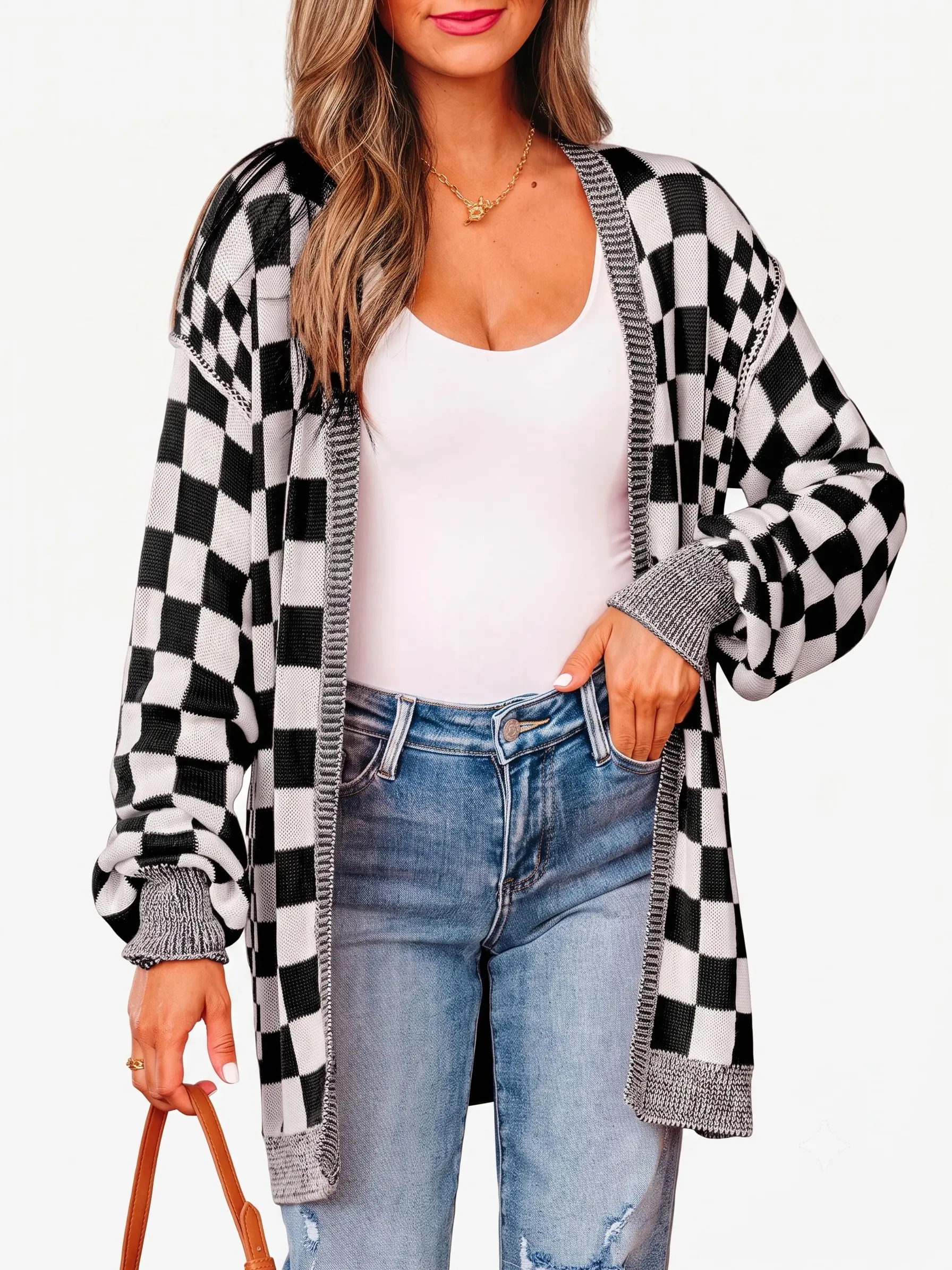 Women's Checkered Cardigan Sweaters Open Front Drop Shoulder Knit Y2K Retro Fall Outerwear