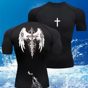 Men's Compression Workout Shirt – Cross & Wings Print, Slim Fit, Breathable Stretchy Athletic Top for Gym & Training