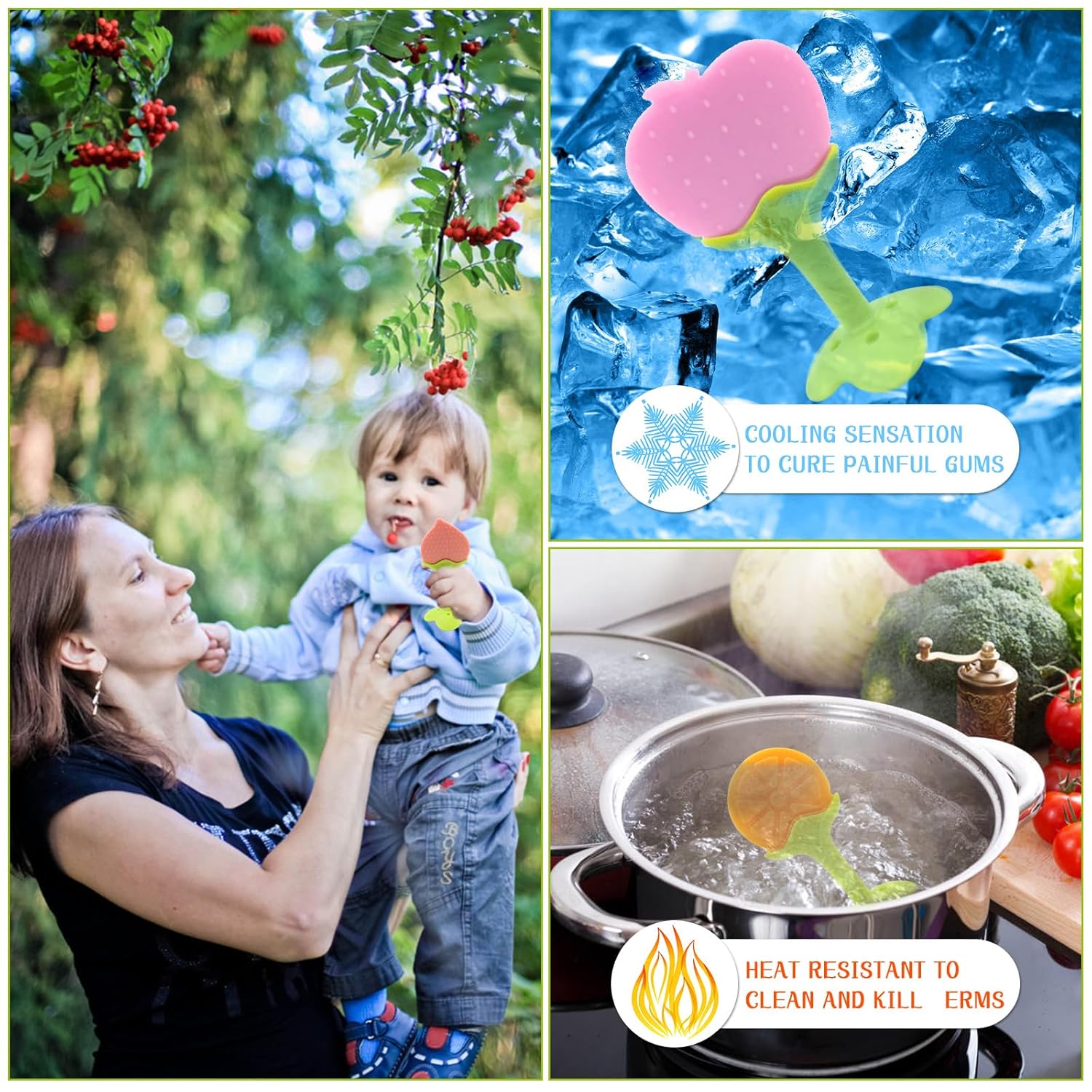 5-Pack Soft Fruit Silicone Teething Toys for Babies (0–12 Months) – Chill-and-Chew Stick-and Freeze Safe Infant Teethers