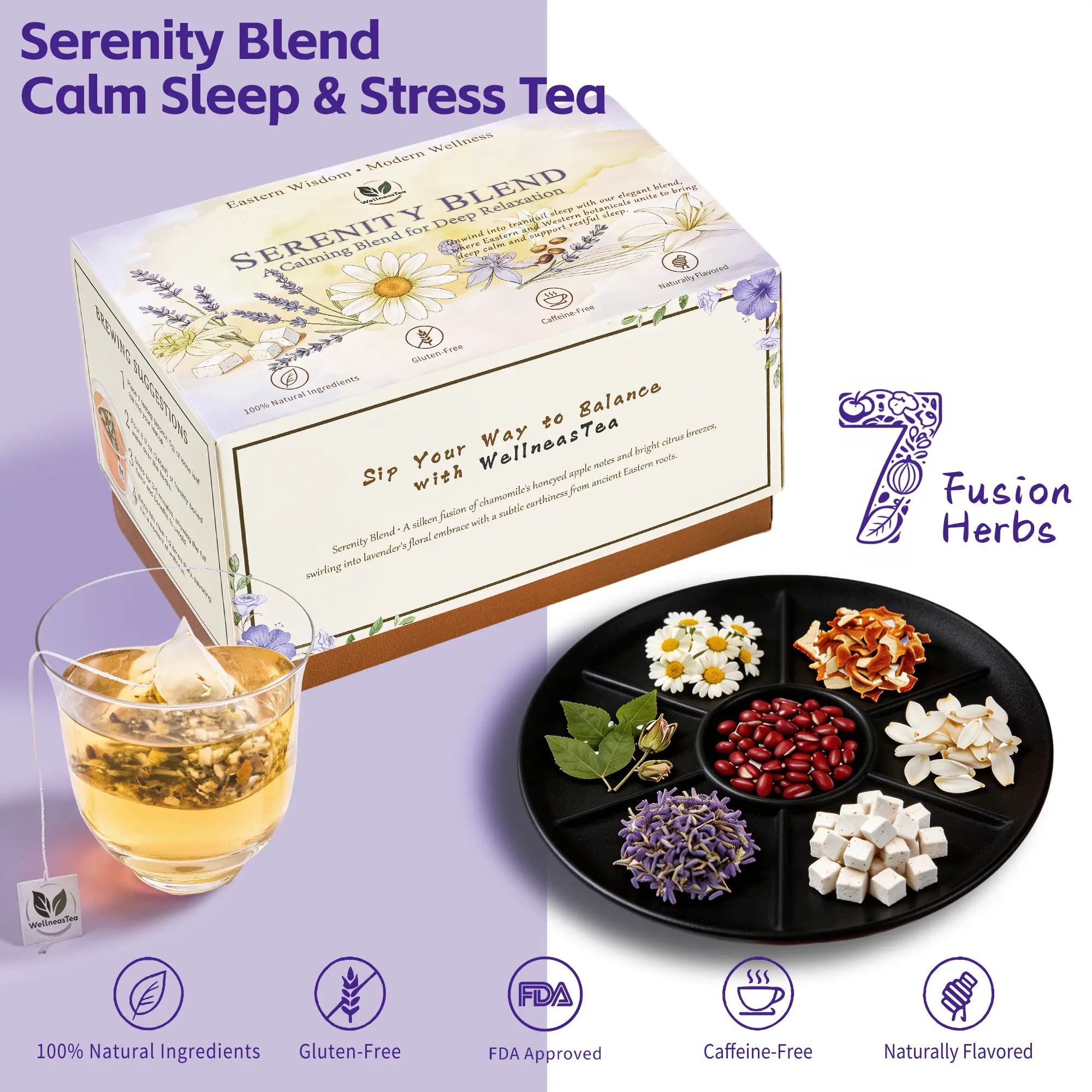 Stress&Sleep Tea • Serenity Blend – 7 Botanicals for Restful Sleep, Stress Relief, Deep Relaxation and Emotional Balance | Chamomile, Lavender, Ziziphus (Suan Zao Ren), Passion Flower, Orange Peel, Lily Bulb, Poria | Caffeine-Free | Floral | 15TEABAGS