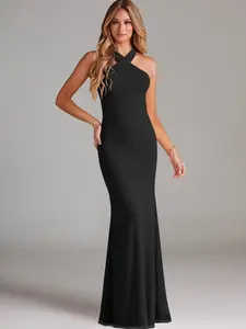 AZAZIE Women's Doretta Sleeveless Mermaid Halter Pleated Bow Bridesmaid Dress - Formal Wear for Ladies' Parties, Wedding Guest Events