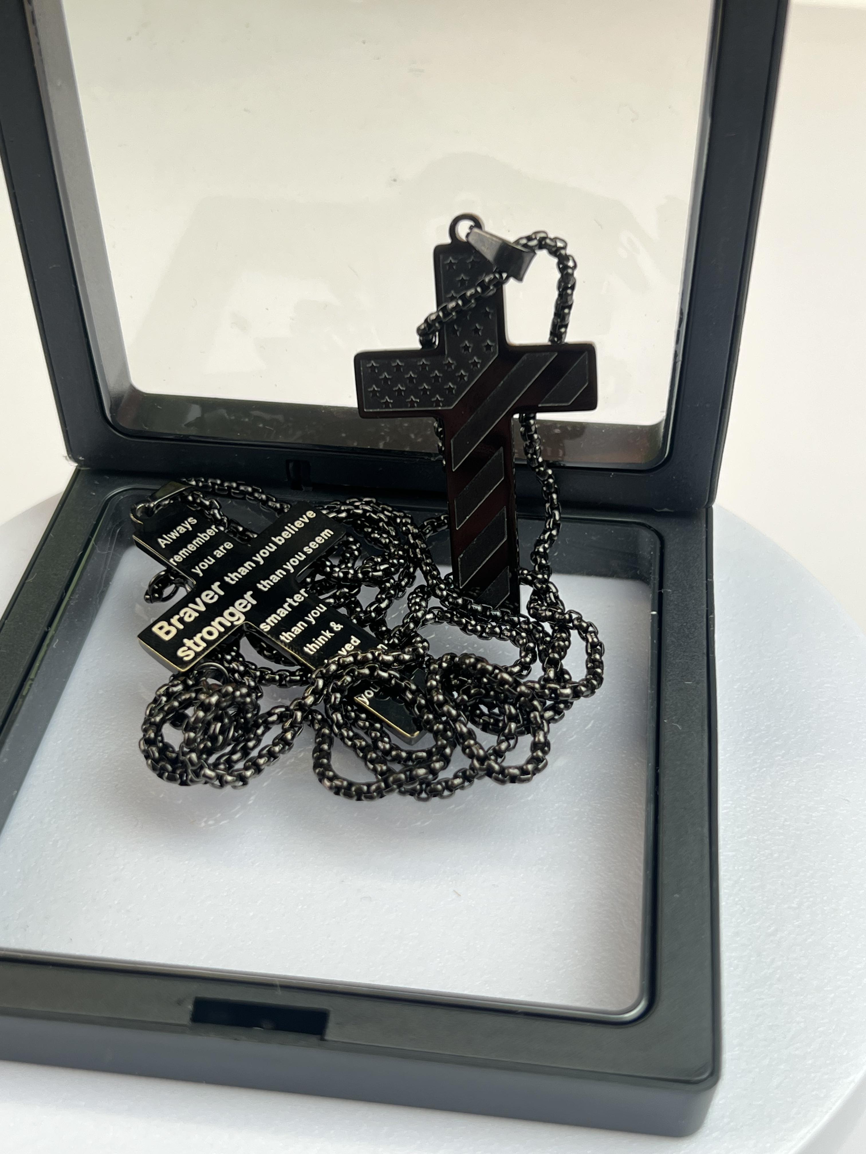 AGICEA  Cross Necklace with Bible Verse & American Flag Pendant – Stainless Steel Men’s Jewelry Gift | Faith-Inspired, Bold & Patriotic Chain for Him