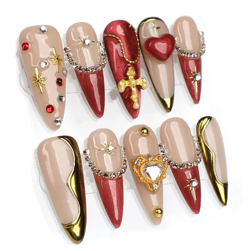 MuseMoodNails PG39 Baroque Blush Gilt Stiletto Nail Extension Kit - 10-Piece Handmade Detail 3D Gel Art Glossy Reusable Kit, Long-Lasting, No Damage, Salon-Quality Vegan Halloween Nail Accessory with Full Elegant Bling Rhinestones