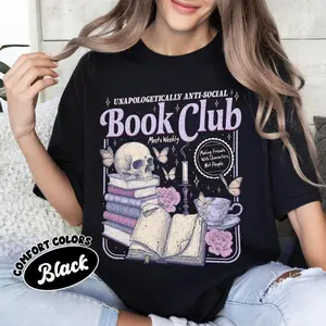 Anti Social Book Club Shirt Comfort Colors, Romance Reader Tshirt, Anti Social Reader, Introverted Reader Tee, Bookish Shirt For Book Lover Casual Printed Black